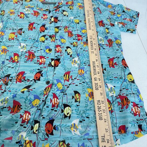 Vintage Chico's 100% Silk Tropical Button Up Shirt Large Blue Fish Hawaiian Fun - Picture 8 of 9